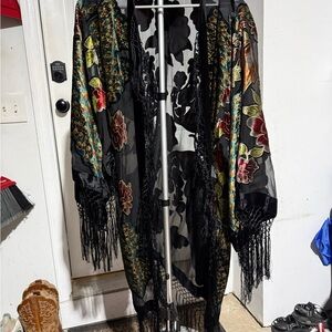 Art Deco Peacock Burnout Black Velvet Kimono Jacket